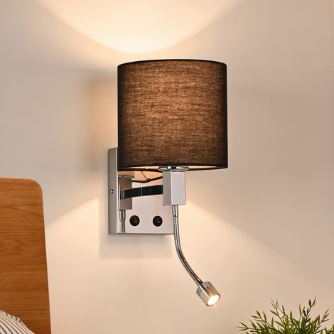 GBLY E27 Wandlampe Innen Schwarz Schlafzimmer mit LED 360° Schwenkbar Rund Stoffschirm Modern Design Hotel Beleuchtung mit Schalter für Flur Bett