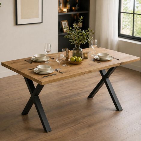 FurnitureR Wood Effect Dining Table 140cm with Black Metal Legs (1/4)