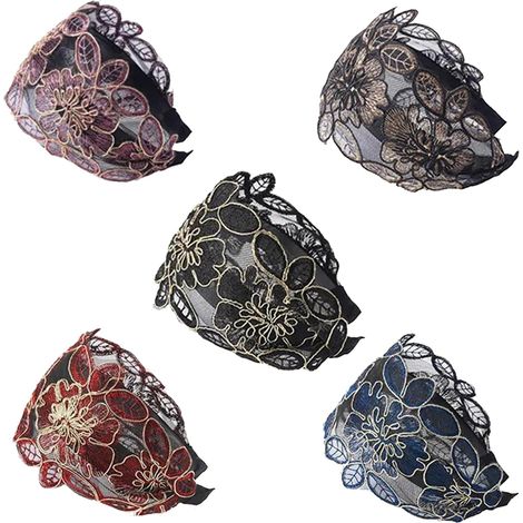 5 diademas de encaje para mujer, bordadas, tocados, diadema ancha hueca, diadema de moda, adornos para la cabeza que ocultan las canas. (1/5)