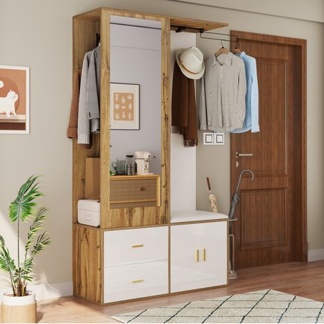Ensemble vestiaire avec miroir 100 x 38 x 180 cm blanc et bois clair, MDF et panneaux de particules, banc rembourré, rangement chaussures et tringle coulissante – de FLORAGRACE (1/5)