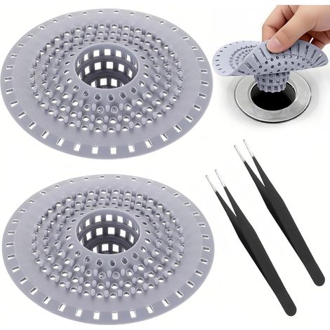 2 Pièces Grille de Drain en Silicone Anti-Cheveux pour Douche avec Ventouse, Capteur de Cheveux Flexible pour Évier, Baignoire, Cuisine, Filtre Évite Les Bouchons Gris (1/5)