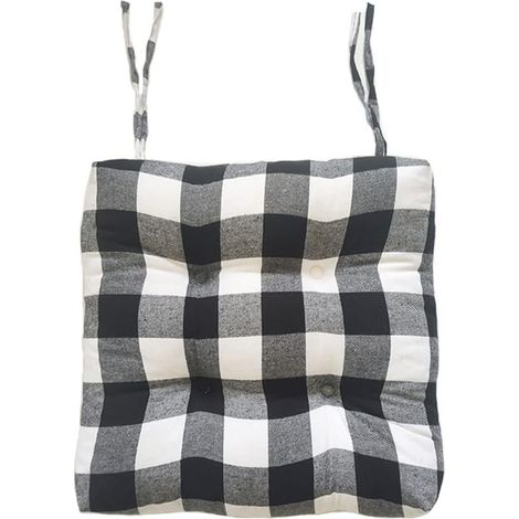 Coussins de chaise à carreaux style ferme avec attaches, coussins de chaise de salle à manger à carreaux noirs et blancs, coussins d'assise carrés doux et confortables (noir, 43 x 42 x 12 cm)