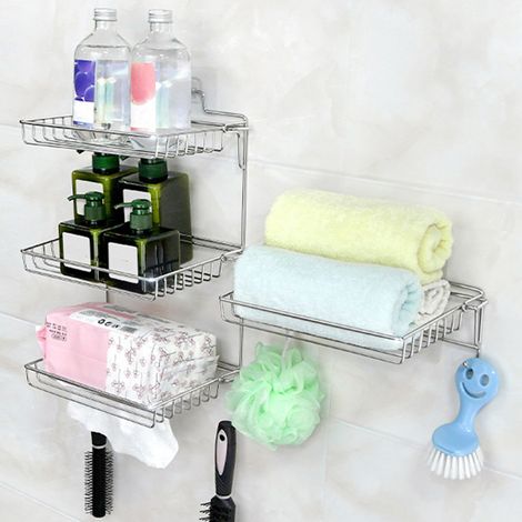 Klappbares Edelstahlregal mit Haken, kein Bohren erforderlich, ideal für Bad oder Küche (für Gewürze). Material: Edelstahl. (1/5)