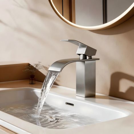 Mitigeur de lavabo acier inoxydable S, MEEJEE Robinet de lavabo et vasque, Mitigeur en cascade robinet brossé de salle de bain (1/5)