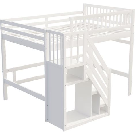 Letto a Soppalco 140×200 cm, Letto Matrimoniale con Scala e Sponda Alta, senza Materasso, Bianco (1/5)