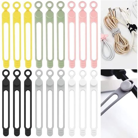18 Pièces Attache de Câble en Silicone, Bande Élastique de Câble en Silicone, Bande de Fixation en Silicone (6 Couleurs) (1/4)