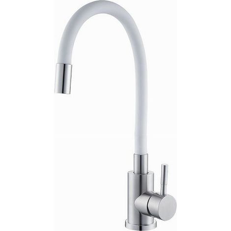 Cleafe - Miscelatore Rubinetto Lavello Cucina Canna Flessibile Bianco Acciaio Satinato 52688 -