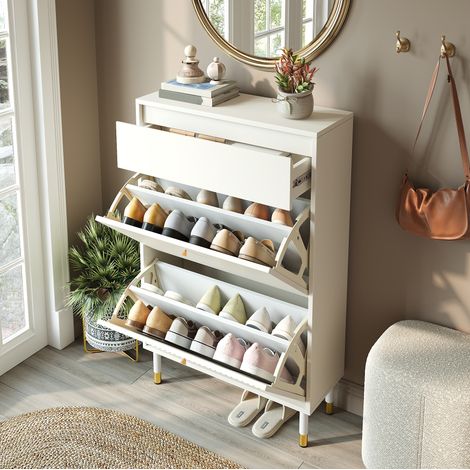 Mueble zapatero estrecho abatible, 1 cajón, blanco DESVIAE (1/5)