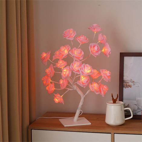 Arbre De Rose Lumineux - Lampe LED 3D Avec Alimentation USB Ou Piles - Décoration Intérieure Pour Chambre Salon - Base Blanche Roses Roses - 1 Pièce (1/2)