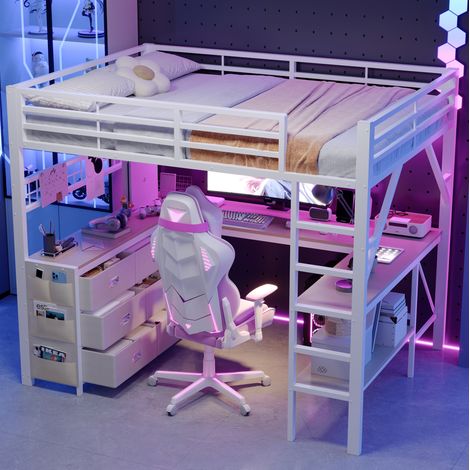 Letto a soppalco 140x200 cm bianco in metallo e MDF con scrivania, 6 cassetti e LED (1/5)