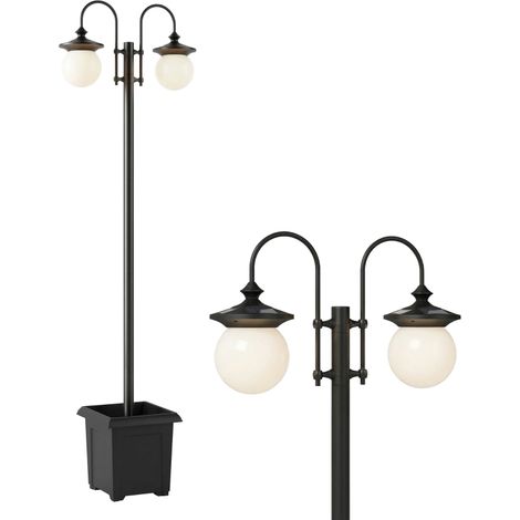 Lampadaire solaire d'extérieur de jardin avec pot de fleurs, 2 têtes, étanche IP44, allumage/extinction automatique, hauteur réglable