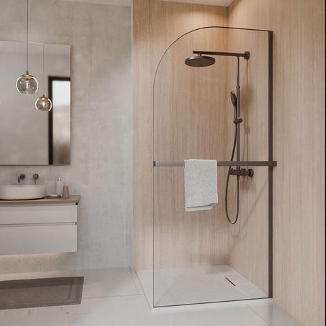 Schulte paroi de douche à l'italienne, 90x200 cm, paroi de douche fixe arrondie, Walk In réversible, verre transparent 6 mm, porte-serviettes, inox brossé