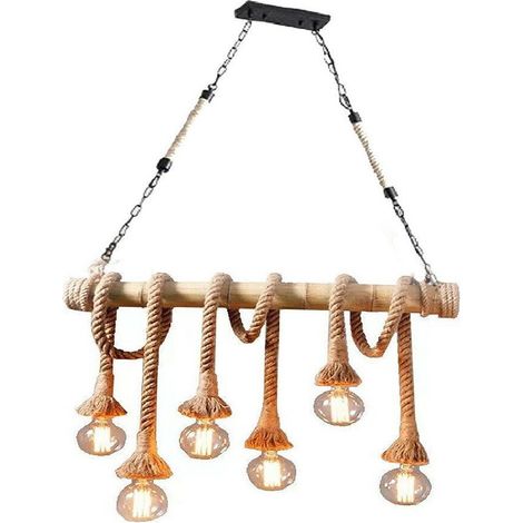 TrAdE Shop Traesio - Lampadario Country 6 Portalampada E27 Lampada Soffitto Vintage Legno Corda B23-6 - (1/3)