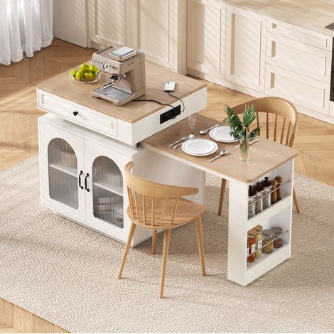 Îlot de cuisine extensible 200x71x92 cm en MDF et verre blanc, LED, gain de place – MEUBLIV (1/5)