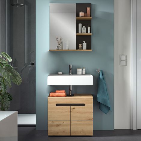 Badmöbel-Set 2-teilig mit 63 cm Waschbeckenunterschrank & Spiegel in Eiche und grau CORTANA-158 (1/5)