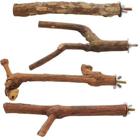 Natural Wood Birdcage Perches Set of 4 - 2 Grape Wood Perches, Standing Fork, Grinding Fork, Bird Cage Perch, Budgie Sticks (1/5)