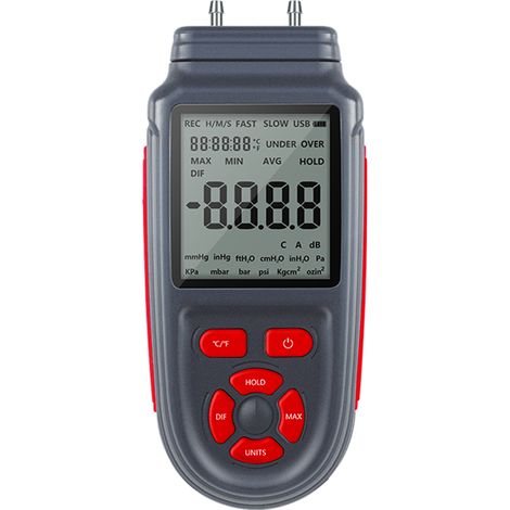 Manomètre numérique à double port pour la mesure de la pression des gaz et de l'air, avec écran LCD rétroéclairé, alimentation par pile ou câble USB, et prise en charge de la mesure de température en (1/5)