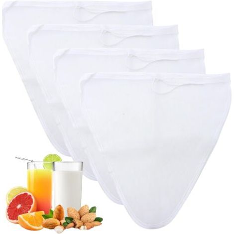 Set mit 4 lebensmittelechten Baumwoll-Filterbeuteln, 30 x 30 cm, weiß, Nylon, Filterbeutel für Gemüse- und Obstsäfte, Kaffee, Hafermilch, Pflanzenmilch (1/5)