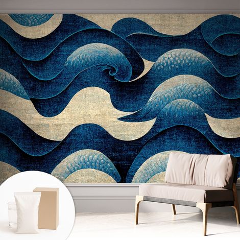 Tapete Vliestapete mit Kleber - Wanddekoration - Wandfolie - 3D Tapete Wand - Wohnungsdeko Blaue Wellen 312x219 cm (1/5)