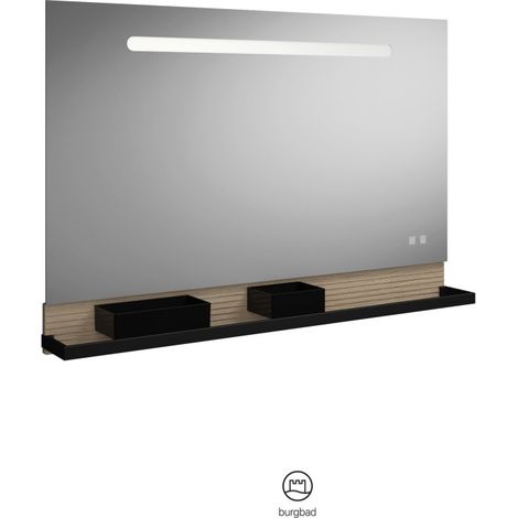 Burgbad Fiumo LED-Leuchtspiegel mit Ablage Tectona Dekor Zimt 120 cm weiß