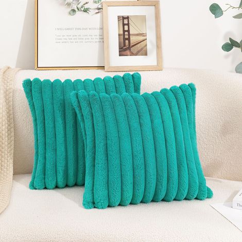 Lot de 2 Housses de Coussin en Peluche Douce 35 x 35 cm, Housse Decoratif a Rayures Moelleuses pour Canape et Chambre, Turquoise (Sans Rembourrage) (1/5)