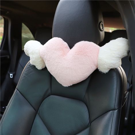 1 pièce Oreiller de tête en peluche pour voiture, protection du cou, oreiller en forme d'aile en forme de cœur, accessoire intérieur de voiture, cadeau pour la Saint-Valentin (1/5)