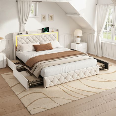 Lit 140x190 avec tiroirs, lit double rembourré avec 4 tiroirs, tête de lit décorée de losanges avec bande lumineuse LED intégrée, port de charge USB, velours, Beige