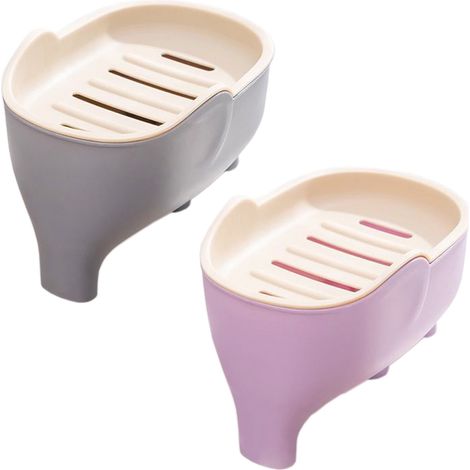 Dos jaboneras con forma de elefante con escurridor, diseño autodrenante, soporte para esponjas de fregadero de cocina, de plástico, color morado y gris. (1/5)