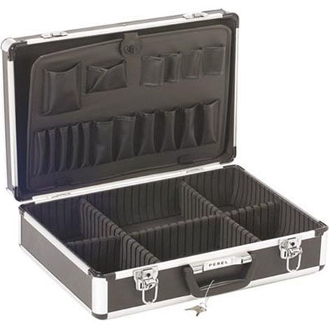 Valise à Outils PEREL avec Compartiments Amovibles - Serrure à Clé - Intérieur Capitonné- 455 x 330 x 152 mm - Noire