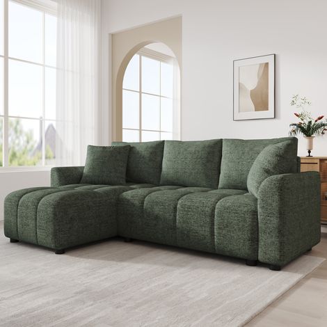 Canapé d'angle réversible 204x127x82.5 cm vert en chenille avec méridienne et 2 coussins (1/5)