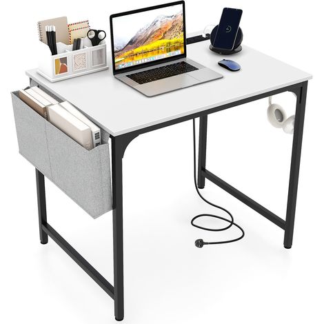 COSTWAY Computer Desk Small Home Office Desk w/ Charging Station-White (1/5)