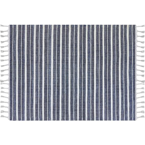 Alfombra azul oscuro blanco 140 x 200 cm plástico reciclado patrón a rayas Bademli