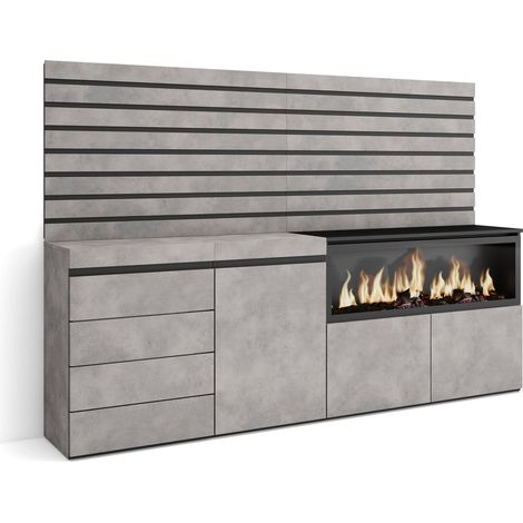 Skraut Home – Buffet moderne en ciment et noir – Dimensions 214x35x145cm – Grand rangement avec 2 portes – Style contemporain pour chambre à coucher (1/5)
