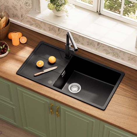 Lavello da cucina in granito 86 x 45 cm CECIPA MAX, lavello da appoggio con gocciolatoio, lavello in granito completo di sifone, scarico e troppopieno