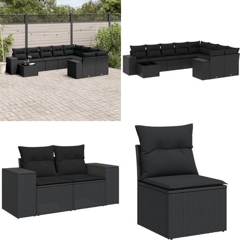 10-tlg. Garten-Sofagarnitur mit Kissen Schwarz Poly Rattan - Gartenmöbel Set - PE-Rattan Möbel - Outdoor Lounge - Esstisch - Sofas - Home & Living (1/5)