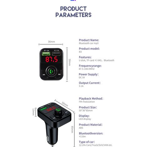 3A Auto-MP3-Player mit Bluetooth-Ladegerät, Kartensteckplatz, FM-Radio, Bluetooth und Freisprecheinrichtung (Muster nicht verfügbar, in Entwicklung) (Exklusiver Verkauf in Mexiko) Schwarz (1/5)