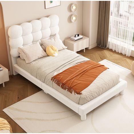 Letto imbottito 90x200 cm bianco in Plush e MDF, testiera regolabile a 3 posizioni (1/5)
