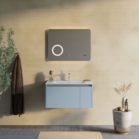 Mueble De Baño Suspendido Azul Claro Mate 80Cm Con Lavabo Y Espejo Monaco
