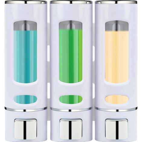 Distributeur Savon Mural, Distributeur Gel Douche, Distributeur Triple de Shampoing et Après-shampoing sans Perçage ABS pour Salle de Bain Hôtel Cuisine Marché Restaurant 400ML3(Blanc)'Blanc 3x400ml'B