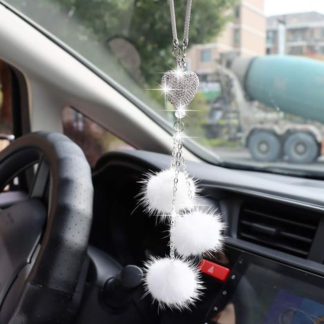 Pendentif Miroir Rétroviseur - Cœur En Strass Et Boule En Peluche Rose - Décoration Intérieure Auto Ou Intérieur Maison - Unité (1/5)