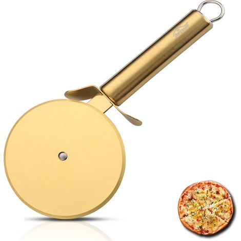 Rotella per pizza, piastra in titanio dorato, tagliapizza in acciaio inossidabile, affettatrice per pizza super affilata con placcatura in oro titanio, tagliapasta, facile da pulire e riporre (1/5)