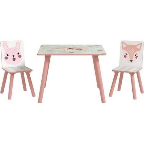 Ensemble table et deux chaises enfant en bois de pin rose à motifs animaux, adapté aux enfants de 3 à 8 ans pour chambre (1/5)