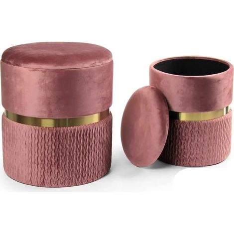 Set de 2 poufs contenedores de terciopelo rosa y oro Ø38x44 y Ø31x38 cm