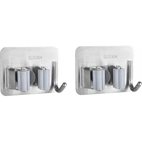 2 Pièces Porte Balai,Acier Inoxydable Porte Balais Mural,Adhésif Mop Support Avec Crochets pour Cuisine Salle de Bain Jardin (1/3)