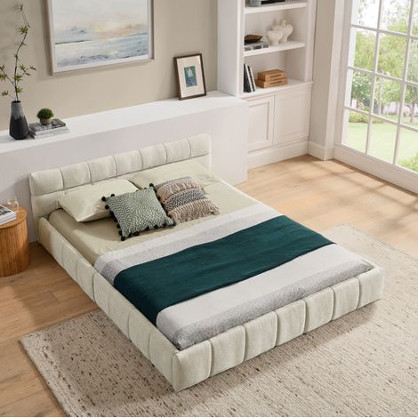 Cama doble tapizada en chenille beige 140 por 200 OKMYHOME (1/5)