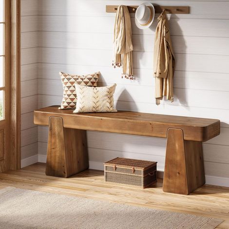 Banc à chaussures en bois massif - 120 cm - Banc de couloir et de garde-robe pour entrée - Banc en bois avec pieds épais - Banc de couloir, chambre à coucher, salle à manger - Marron foncé (1/5)