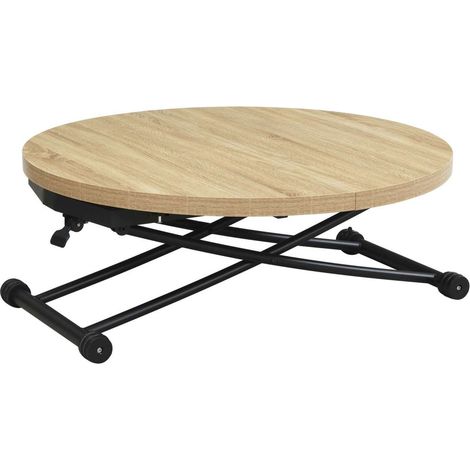 Mesa centro redonda elevable y extensible Gaga acabado oak y negro, 32/79cm(alto) 100cm(largo) 100/140cm(ancho)