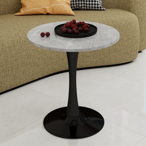 Table ronde en marbre 27,6 pouces noire, table à manger vintage moderne pour 2-4 personnes, plateau en pierre veinée gris clair, idéale pour salon, salle à manger et bureaux. (1/5)