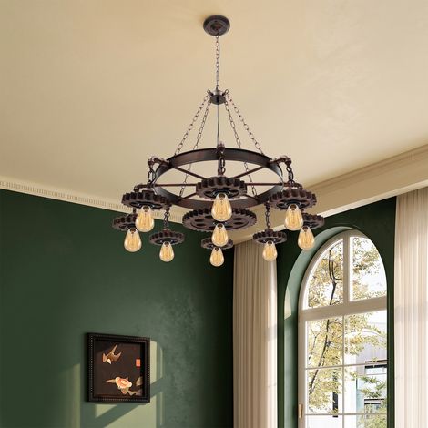 110V Plafonnier rétro en forme d'engrenage, lustre réglable à 9 ampoules, luminaire industriel pour éclairage résidentiel et commercial (1/5)