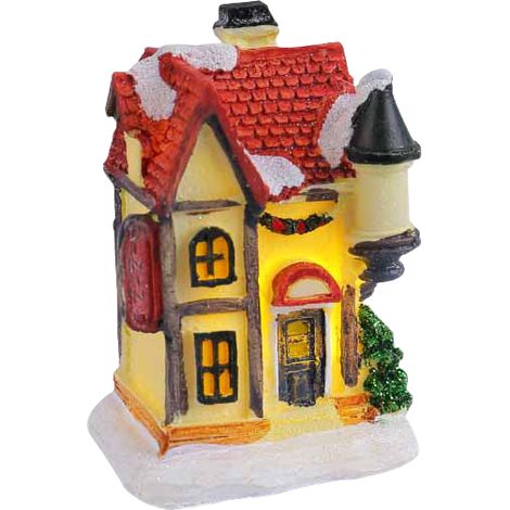 Elegante Tischdekoration, einzigartige Kunstfigur für Regal und Tisch – T2-48 Kleines, mehrfarbig beleuchtetes Haus, Modell D